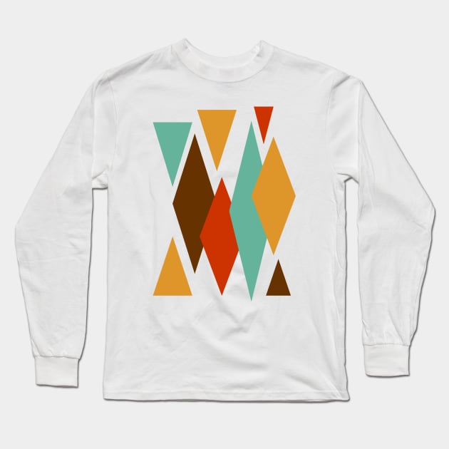 Blue Brown Diamonds Triangles Mid Century Modern Long Sleeve T-Shirt by OrchardBerry
